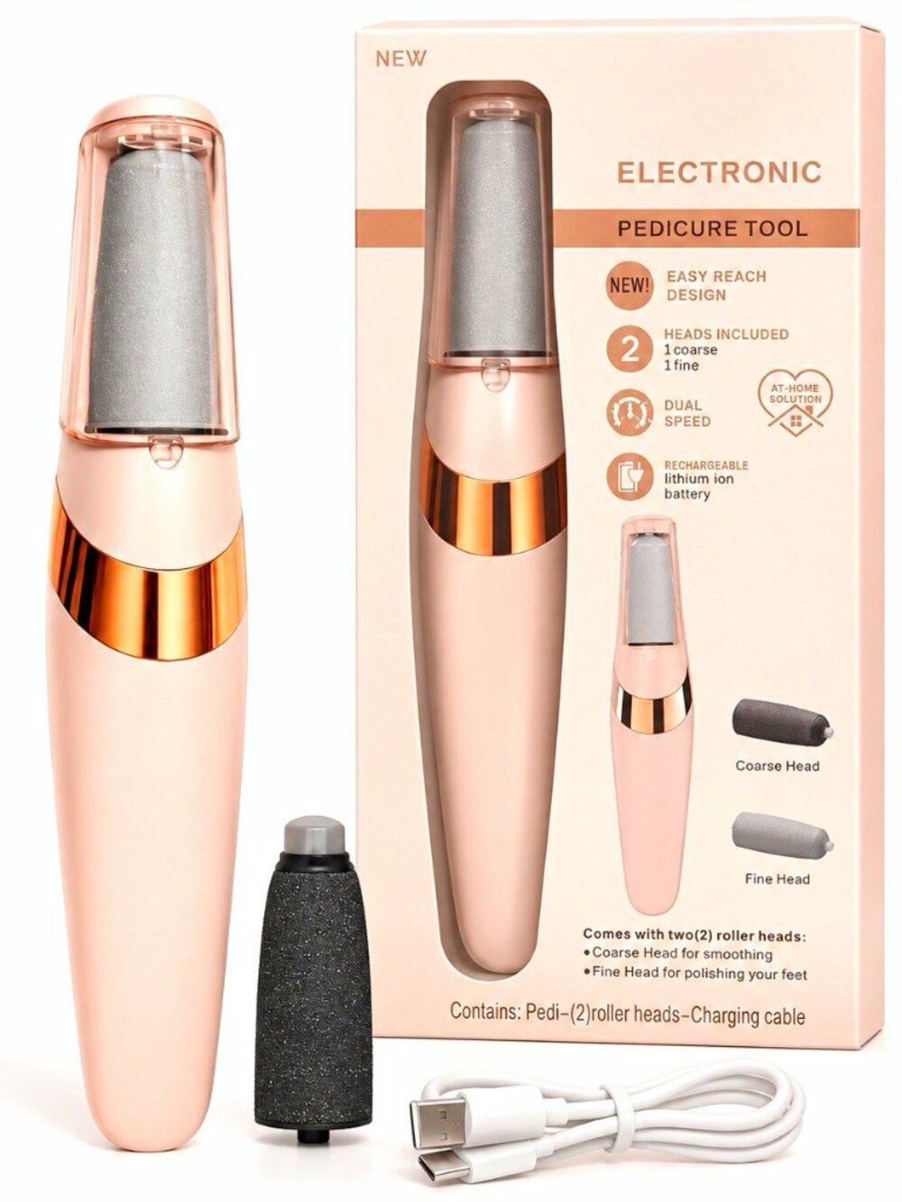 Rechargeable Electronic Pedicure Tool – 2 Roller Heads, Dual Speed, USB Charging